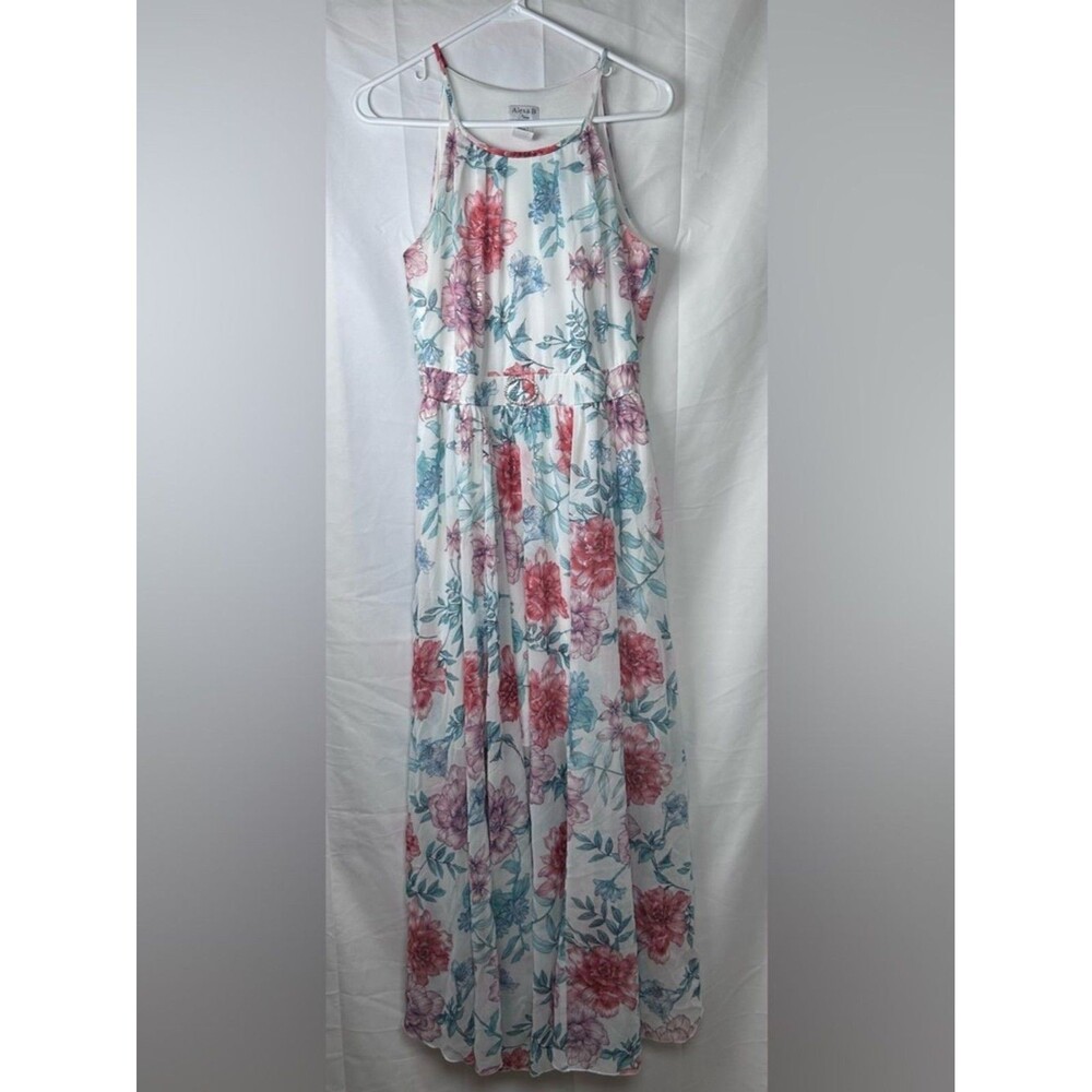 Alexa B Nites Floral Maxi Dress Women’s Size 8 Blue Red Halter Chiffon Jewel